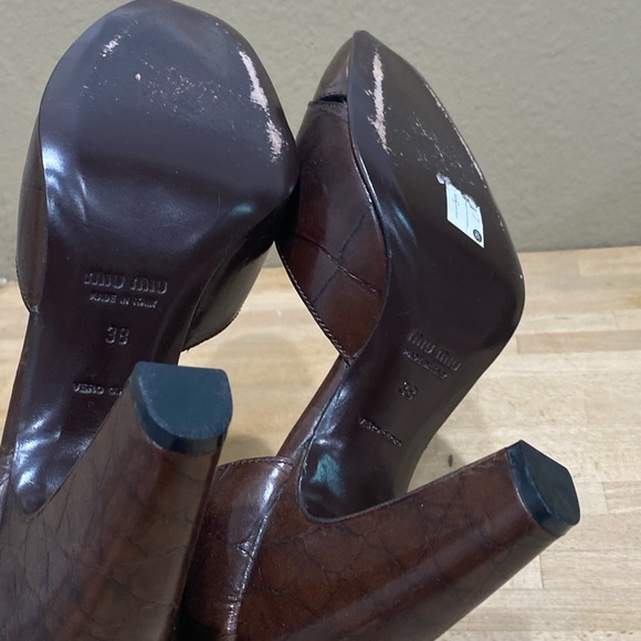 Miu Miu Leather Brown Chunky High Heel 8 Peep Toe Vintage Style Shoes EUR 38 EUC - Picture 7 of 9